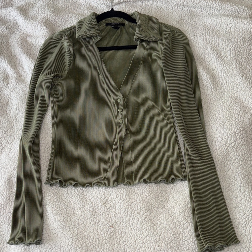 Forever 21 Olive Button-Down Ribbed Shirt